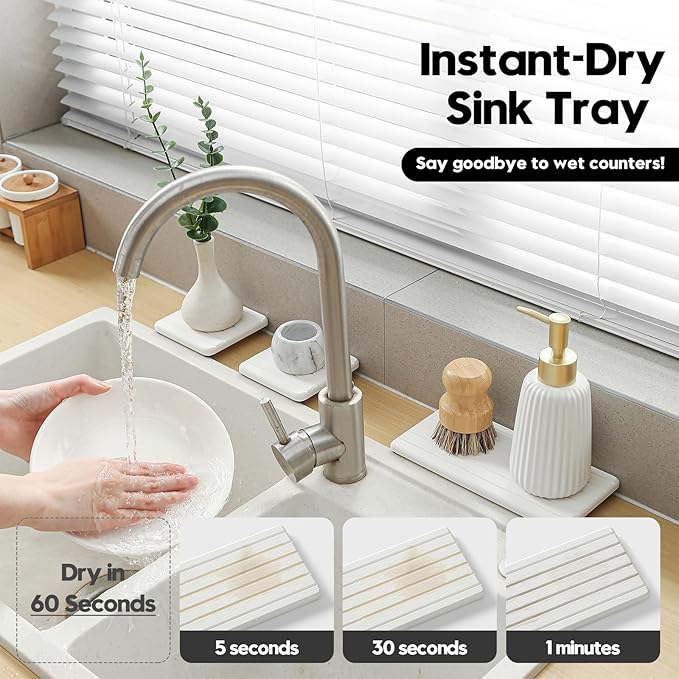 Diatomaceous Earth Sink Organizer Tray Set, 3-Pack Fast Drying Water Absorbing Stone Soap Holder Caddy for Kitchen & Bathroom Counter, Faucet Splash Guard, White (1pc of 8"x3.8" + 2pcs of 3.8"x3.8")