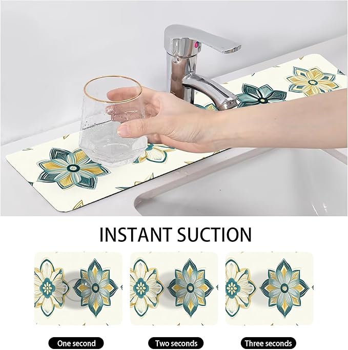 Bimkole 2 PCS Faucet Absorbent Mat, Kitchen Faucet Sink Splash Guard Wraparound Cloth Pads Drip Catcher for Sink Faucet for Kitchen Bathroom Faucet, Colorful Faucet Mat, 15 x 4 Inch Flower A2