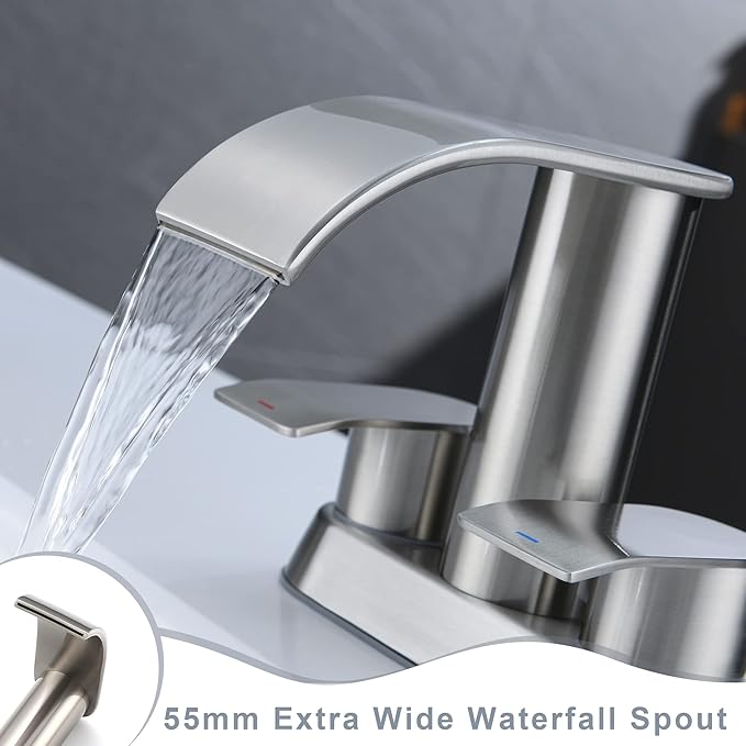 Ultimate Unicorn Waterfall Bathroom Sink Faucet Brushed Nickel, Two Handles Bathroom Faucet with Metal Pop up Sink Drain Stopper, Two Or 3 Holes Bathroom Basin Mixer Tap with Deck Mount Plate