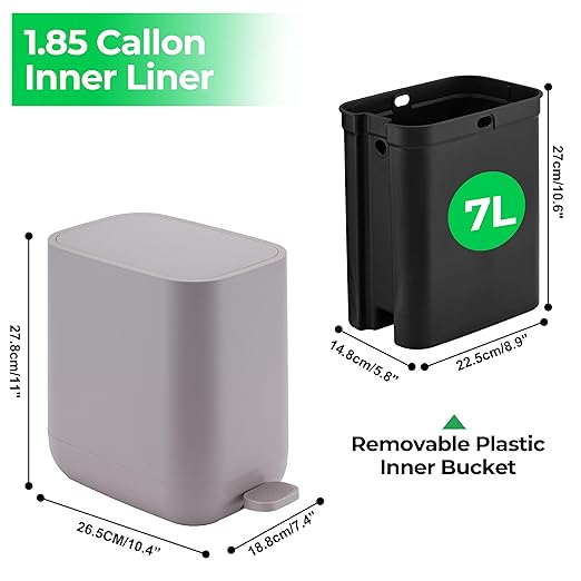 1.85 Gallons 7 Liters Slim Small Bathroom Trash Can with Lid Soft Close Dust Bin Step Pedal Garbage Waste Home Kitchen Bin Office Smooth ABS Washable Cubo de Basura Cocina Grey