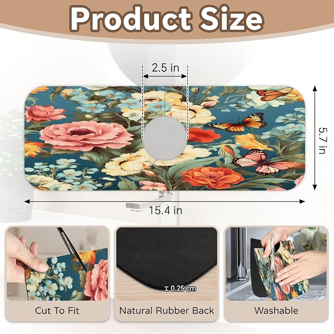 Vivid Flora Butterfly Blend Kitchen Faucet Mat Splash Guard, 15.4”x5.7” Absorbent Quick Drying Sink Mat for Countertop Protection, Draining Mat Sink Protectors For Kitchen Bathroom, 2 Pack