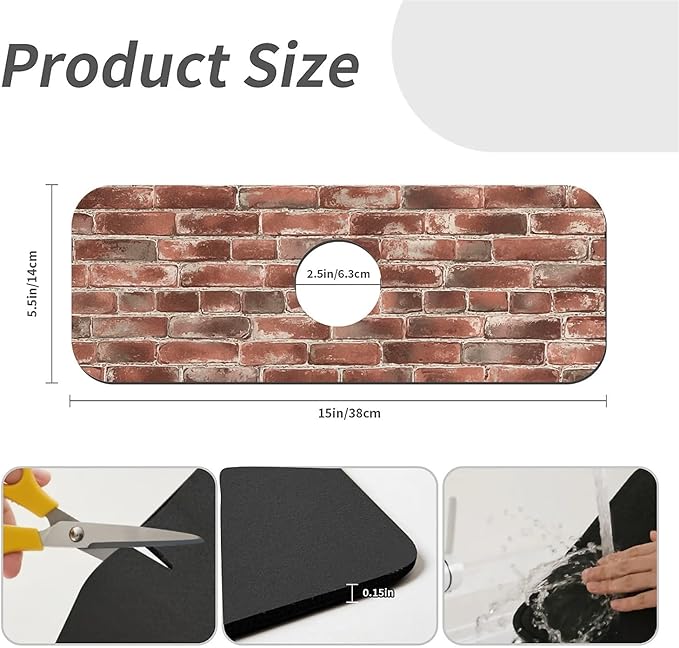 Kitchen Sink Splash Guard，Red brick wall Faucet Mat Sink Gadgets-Super Absorbent Fast Drying Mat Drip Catcher for Kitchen, Bathroom,Sink Mat, Dish Drying Mat, Bathroom(15" X 5.5" )