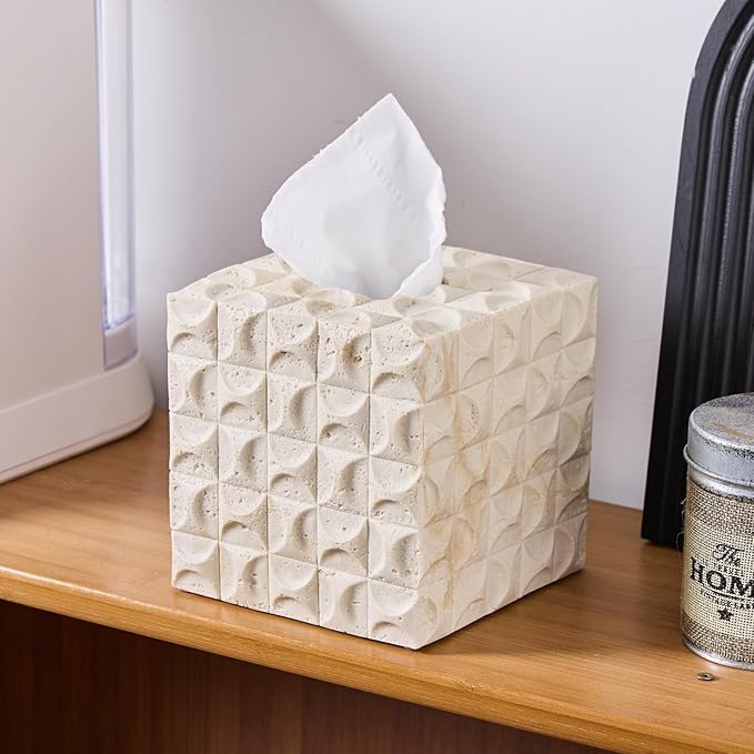 Natural Travertine Textures Tissue Box Cover Square for Home Decor, Relief Sculptured Geometric Cube Resin Heavy Tissue Box Holder for Bathroom Countertop, Tabletop, Night Stand, Office Desk (Beige)