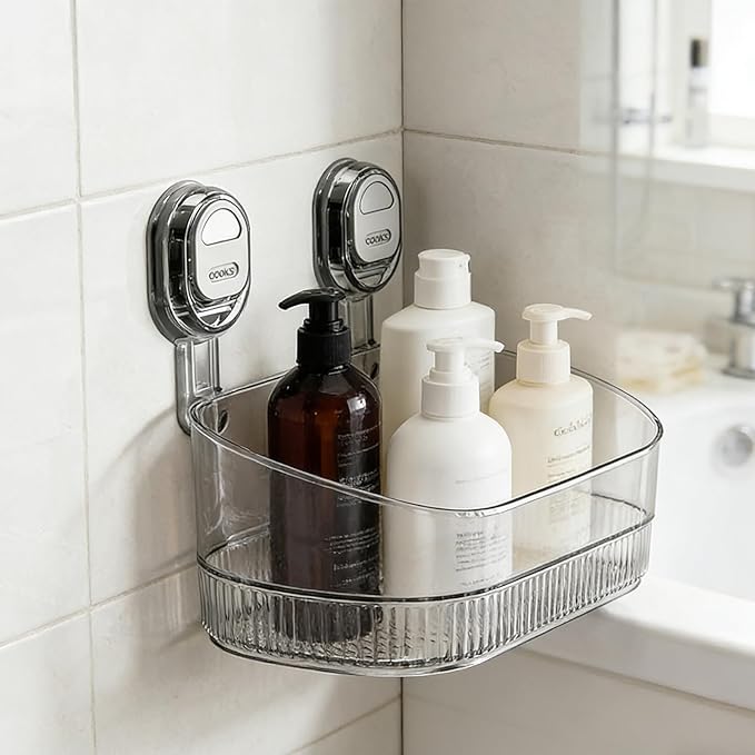 No-Drill Bathroom Suction Cup Storage Shelf - Waterproof Large Capacity Organizer Rack with Strong Suction & Easy Installation for Shower, Toilet, Vanity, Countertop (Clear)