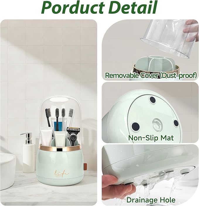 360 Rotating Toothbrush Holder with Cover, 7-Slot Bathroom Organizer with Drainage for Electric Toothbrushes & Toothpaste, Countertop Vanity Storage for Makeup Brushes