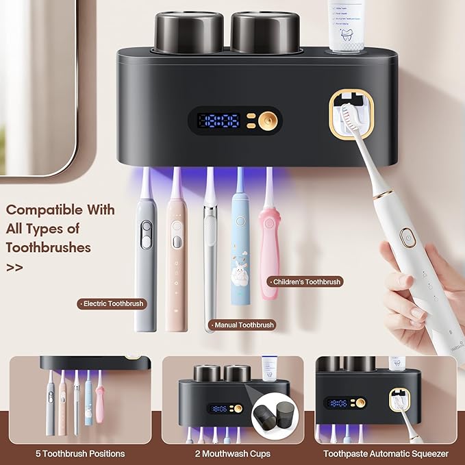 Upgrade Toothbrush Sterilizer,Toothbrush Holder for Bathroom,Tooth Brush Cleaning Tool with Toothpaste Dispenser Wall Mounted Type-C Charging with 2 Cups (Grey)