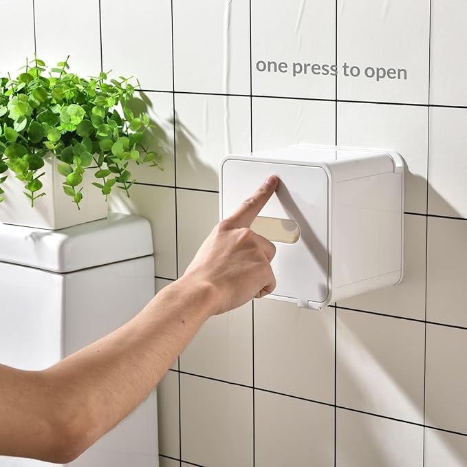 simpletome Toilet Paper Holder Wall Mount with Shelf Waterproof Adhesive or Drilling Install (White, ABS Plastic)
