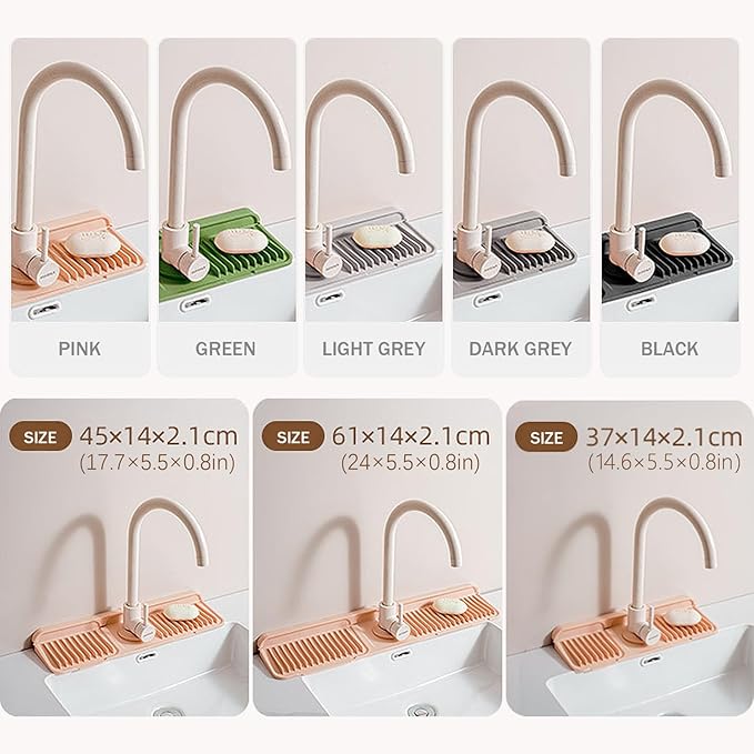 Button Style Faucet Drip Catcher – Silicone Faucet Mat for Kitchen Sink, Leak-Proof Splash Guard with 6° Slope, Behind Faucet Draining Mat, Easy Bathroom & Kitchen Gadgets (Gray, 14.5" x 5.5")
