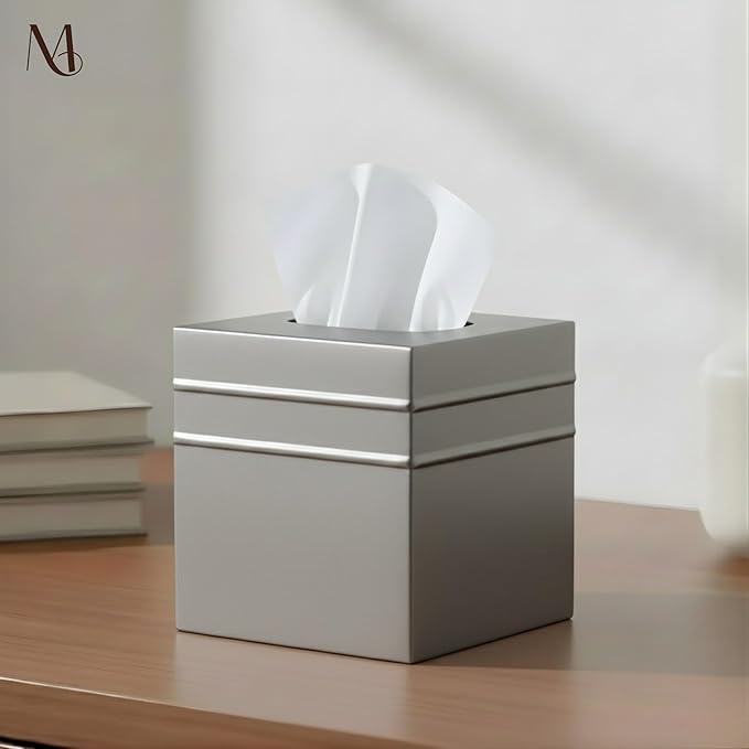 Monarch Abode Tissue Box Cover Square – Handcrafted Border Embossed Pewter Metal Tissue Holder Box for Bathroom Accessory, Aesthetic Decorative Facial Napkin Cube for Modern Home Decor