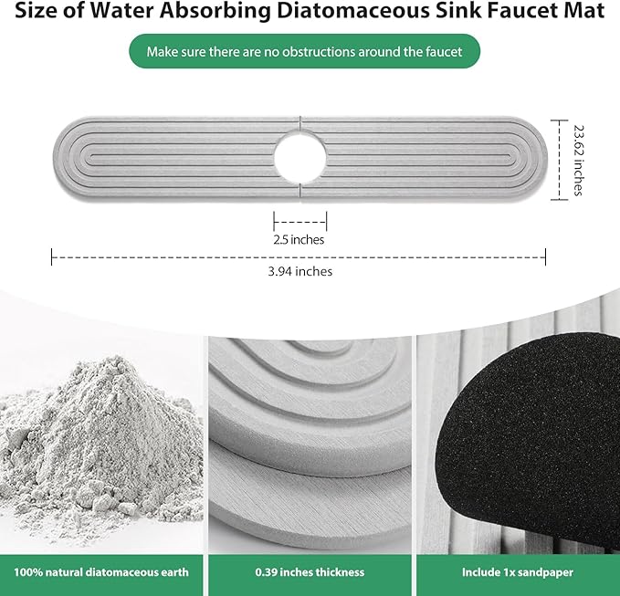 Shinowa Faucet Mat for Kitchen Sink, Diatomite Kitchen Sink Splash Guard, Quick Drying Water Stone for Kitchen Sink, Sink Splash Guard for Kitchen Bathroom,Included Sand Paper (Light Grey, 24'' x 4'')