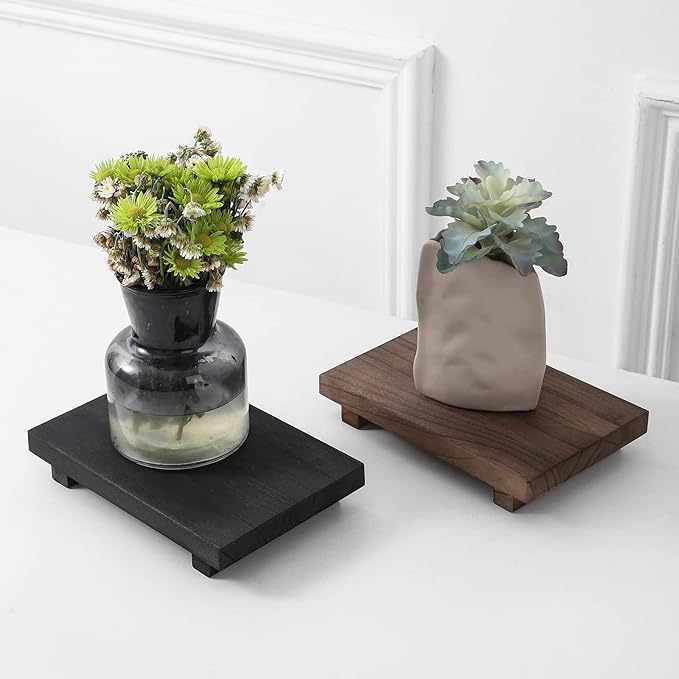 zoocatia Small Wood Tray Pedestal Stand Farmhouse Bathroom Decor Decorative Wooden Riser Kitchen Soap Dish Holder for Vanity, Counter, Sink, 9" x 5.9" - Black