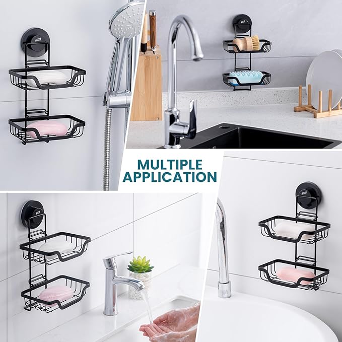 TAILI Soap Holder for Shower - Double Layer Soap Dish with Drain Holes, Rustproof Stainless Steel, Suction Cup Bath Organizer Keeps Sink & Shower Area Dry, Black