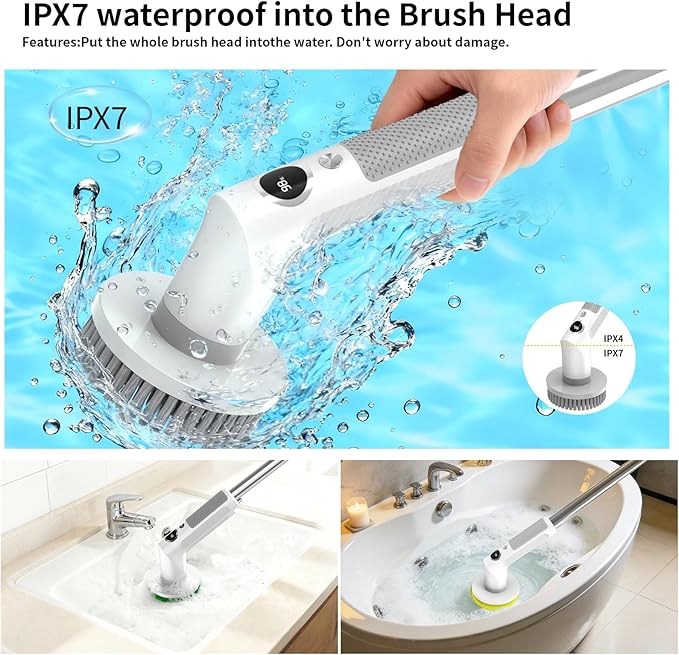 Electric Spin Scrubber, Cordless Cleaning Brush with 6 Replaceable Brush Heads, IPX7 Waterproof Bathroom Scrubber with Adjustable Extension Handle & Battery Level Display for Bathroom Kitchen Car