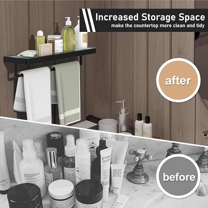 Floating Glass Shelves for Bathroom 20-in with Towel Bar/Tempered Glass Rectangular 1 Tier Organizer Shelf (Matte Black, 20'')