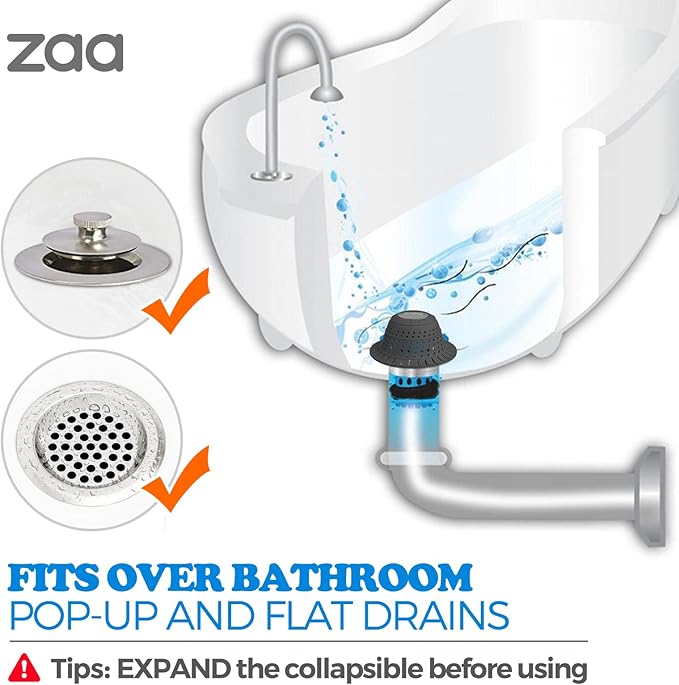 zaa Bathtub Drain Hair Catcher, Premium Silicone Collapsible One Pack Drain Protector for Pop-Up and Regular Drains of Shower, Bathtub, Tub, Bathroom, Sink, Black