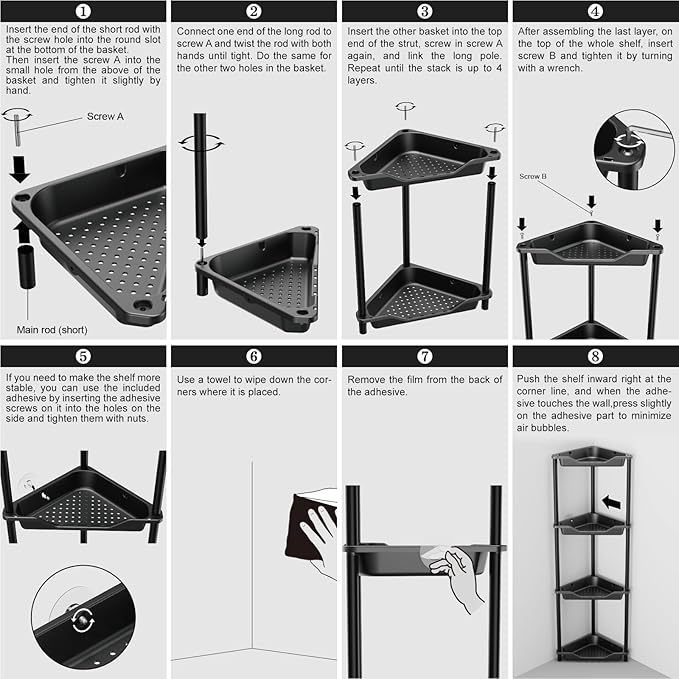ODesign 4 Tier Corner Shower Caddy,Corner Shelf Stand for Living Room Bedroom Bathroom,Shower Table,Plastic Metal Splicing Ground Cabinet Storage Rack,Standing Shower Organizer Black - Rustproof