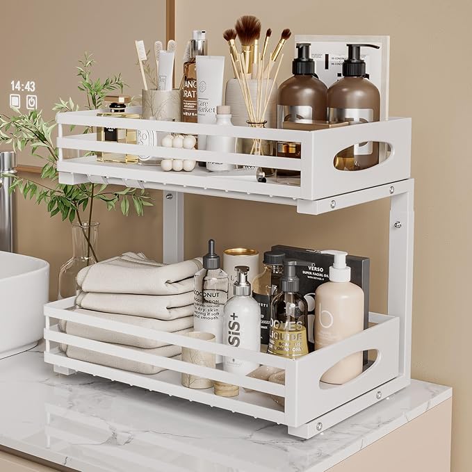 Under Sink Organizer, 2 Tier Under Sink Organizers and Storage, Adjustable Height, Slide Out Metal Cabinet Organizers, Pull Out Cabinet Storage Drawer Shelf for Kitchen Bathroom