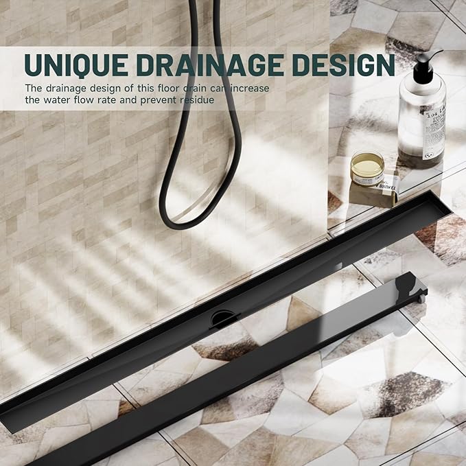 36-Inch Linear Shower Floor Drain, Stainless Steel Bathroom Floor Drains, Rectangular Shower Trench Floor Drain, Hair Strainer, Matte Black
