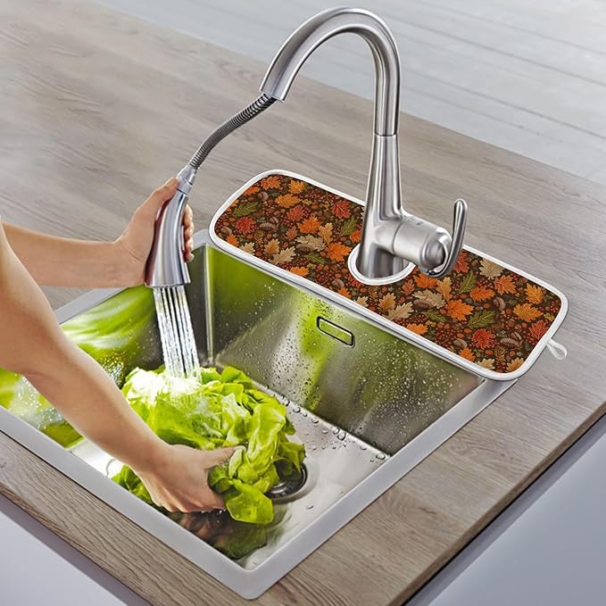 2 PCS Kitchen Sink Splash Guard 23.6 Inch Faucet Mat for Kitchen Sink Bathroom Sink Faucet Absorbing Drip Drain Mat Pad Microfiber Soft Washable Brown Autumn Maple Leaves