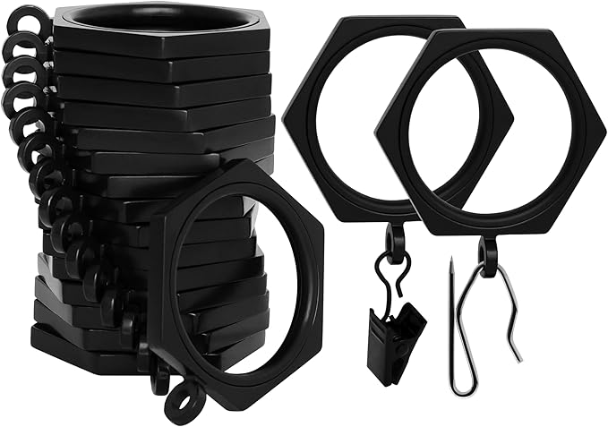 BlastHome® Luxury Curtain Rings - Premium Metal with Quiet, Smooth, Removable Nylon Inserts - Pinhooks and Clips Included - 1 1/2" Inside Diameter - 18 Rings for Two Standard Curtains - Tuxedo Black