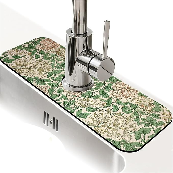 Kitchen Sink Splash Guard，Retro honeysuckle flower Faucet Mat Sink Gadgets-Super Absorbent Fast Drying Mat Drip Catcher for Kitchen, Bathroom,Sink Mat, Dish Drying Mat, Bathroom(15" X 5.5" )