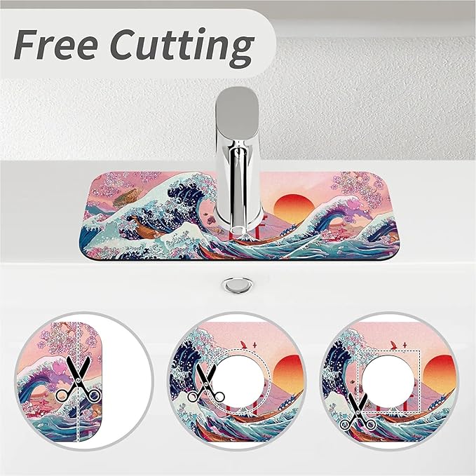 Kitchen Sink Splash Guard，Waves and cherry blossoms Faucet Mat Sink Gadgets-Super Absorbent Fast Drying Mat Drip Catcher for Kitchen, Bathroom,Sink Mat, Dish Drying Mat, Bathroom(15" X 5.5" )