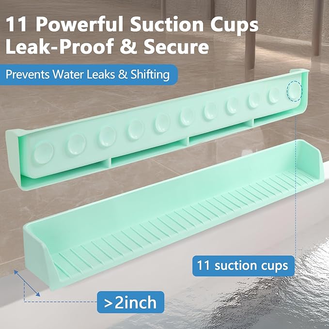 2.6-Ft Bathtub Splash Guard for Tub Kids, Silicone Splash Shield with 11 Suction Cups, Toy Tray Shelf, No Spill Water Barrier, Prevents Mess, Fun Bathtime for Toddlers Baby–Green