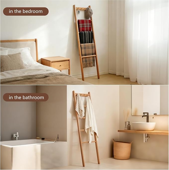 Beech Wood Blanket Ladder, 5.3ft Natural Farmhouse Quilt Holder with Top Hooks, 4-Bar Decorative Throw Rack, Towel Shelf for Living Room, Bedroom, Small Space Storage (Natural)