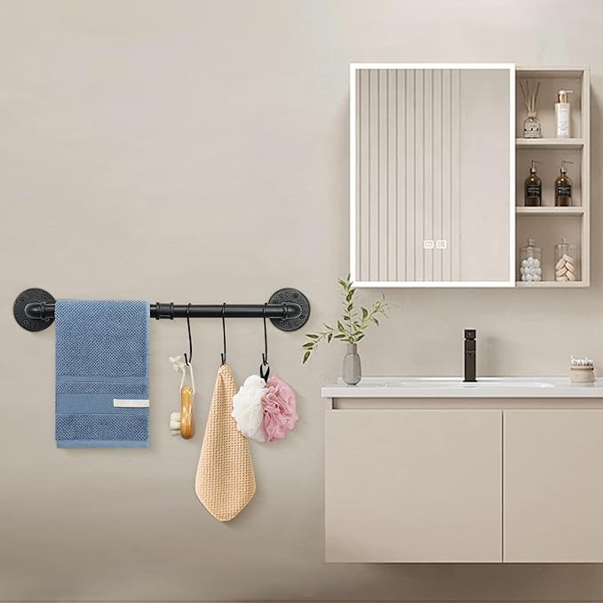 4-Pieces Industrial Pipe Bathroom Towel Ring Kit DIY Wall Mount Accessories Kit Includes Robe Hook Towel Bar and Towel Ring (24 inch)