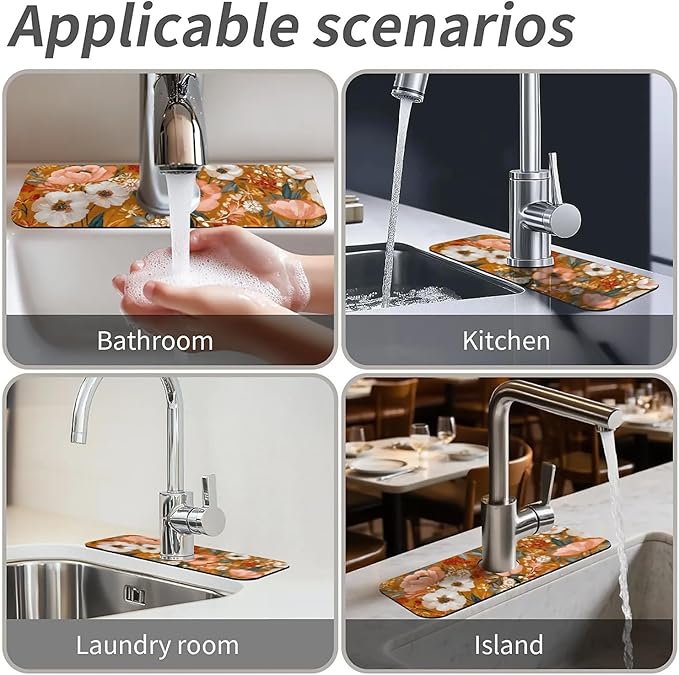 Kitchen Sink Splash Guard，Soft hues floral Faucet Mat Sink Gadgets-Super Absorbent Fast Drying Mat Drip Catcher for Kitchen, Bathroom,Sink Mat, Dish Drying Mat, Bathroom(15" X 5.5" )