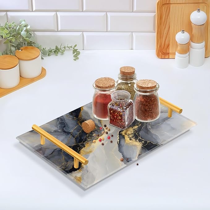Gold and Black Marble Vanity Tray Acrylic Decorative Serving Tray Coffee Table Tray for Bathroom Living Room Bedroom