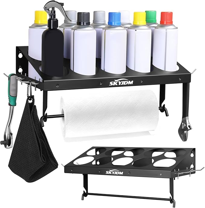 10 Aerosol Spray Can Holder with Paper Towel Holder & 4 Detachable Hooks, Space-Saving Tool Organizer Wall Mount for Garage, Workspace and Tool Room