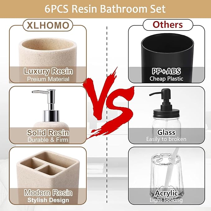 Resin 6 Pcs Beige Bathroom Set Complete with Toothbrush Holder, Lotion Soap Dispenser, 2 Qtip Holder Dispensers,Vanity Tray,Bathroom Tumbler - Countertop Vanity Organizer - Bathroom Accessories Set