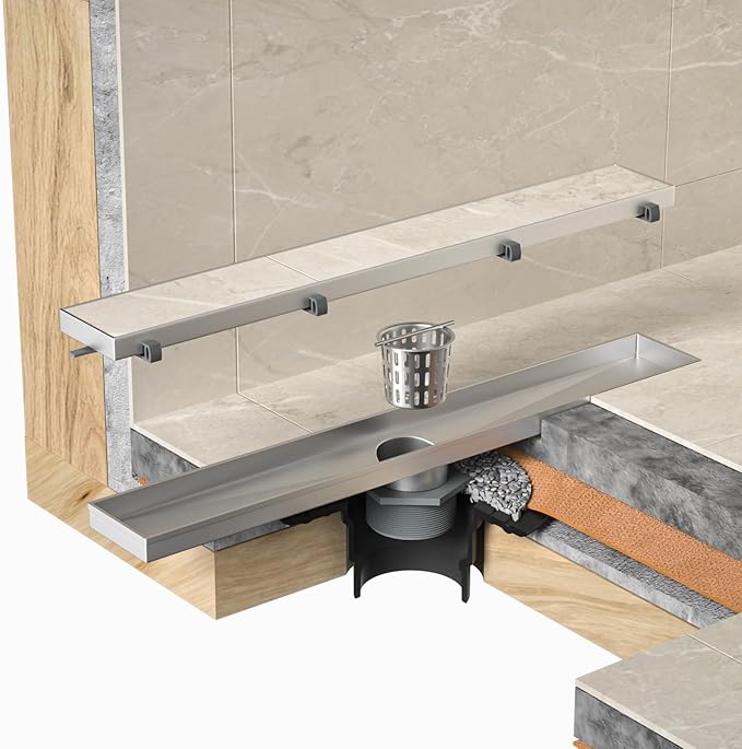 Linear Shower Drain 28" Brushed 304 Stainless Steel | Fast Drainage | Tile Inserted | Stainless Floor Drain Grate | Hair Strainer | Drain Key | The Upgrade for Your Bathroom