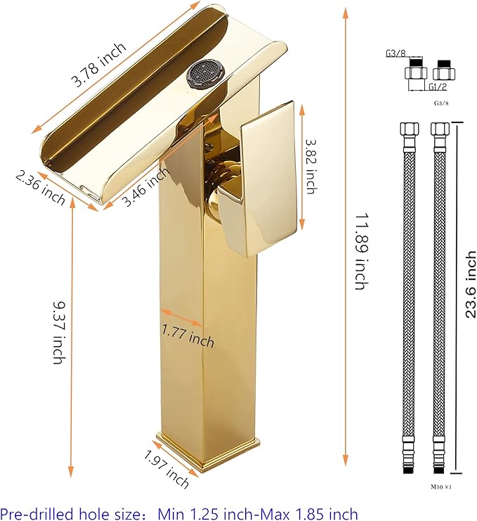 Bathroom Vessel Faucet Gold LED 3 Color Changing Light Waterfall Vessel Sink Faucets Single Handle One Hole Bowl Sink Faucet Vanity Lavatory Basin Mixer Tap Tall with Supply Hose Commercial Modern