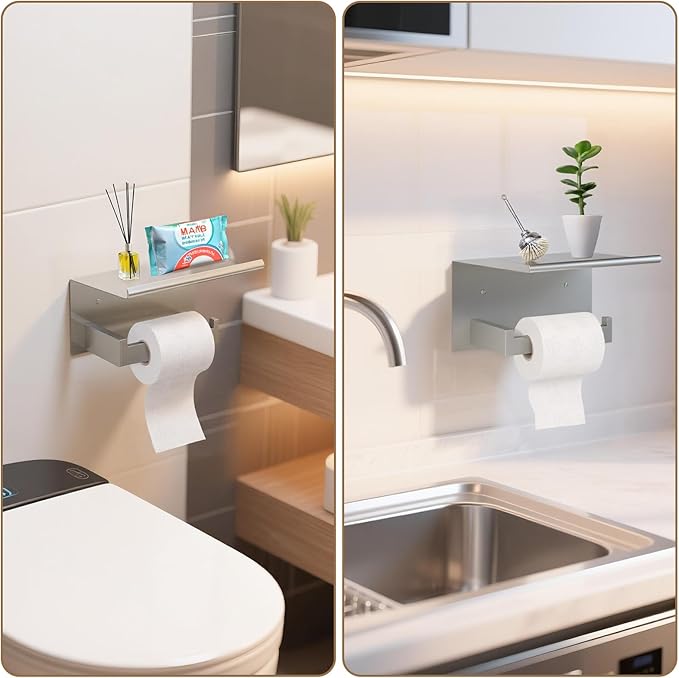 Wall Mounted Toilet Paper Holder with Shelf, Brushed Nickel Bathroom Tissue Roll Holder Storage Organizer for Phone, Book, Plant, Extra Roll, Easy Mount Hardware Included