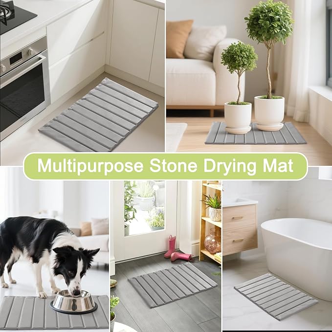 Large Stone Dish Drying Mat for Kitchen Counter, Ultra Absorbent Diatomaceous Earth Mat with PU Leather Cover Stain-resistant Quick Drying, Collapsible Stone Mats for Dishes Cups 23.6"x15.3"