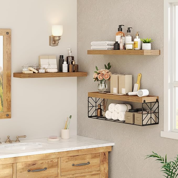 Floating Shelves for Wall, 23.6" Wall Mounted Shelves Set of 3, 1.5" Thick Hanging Shelf Storage, Farmhouse Decor for Bathroom, Toilet, Bedroom, Living Room, Kitchen, Rustic Brown 6001BJBF