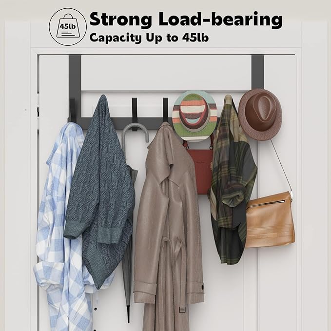 2 Pack Over The Door Hooks, Sturdy Door Hanger, Large Over The Door Towel Rack with 12 Hooks, Heavy Duty Easy to Install, for Bathroom, Bedroom，Kitchen，Hanging Towels, Coats (Black)