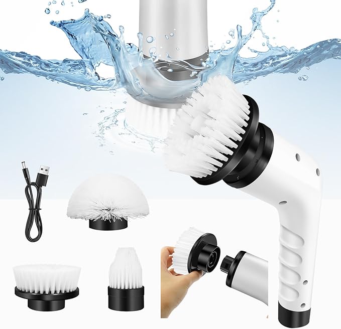 3-in-1 Cordless Cleaning Brush with 3 Replaceable Brush Heads,Electric Spin Scrubber with 2 Adjustable Speeds, Handheld Small Cleaning Brush for Bathroom,Tub,Ceramic Tiles,Window
