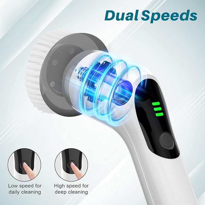Electric Spin Scrubber for Cleaning: Cordless Scrub Brush with Extension Handle and Adjustable Speeds - Power Scrubbers for Cleaning Bathroom Shower Tub Tile Floor Car (Gray)