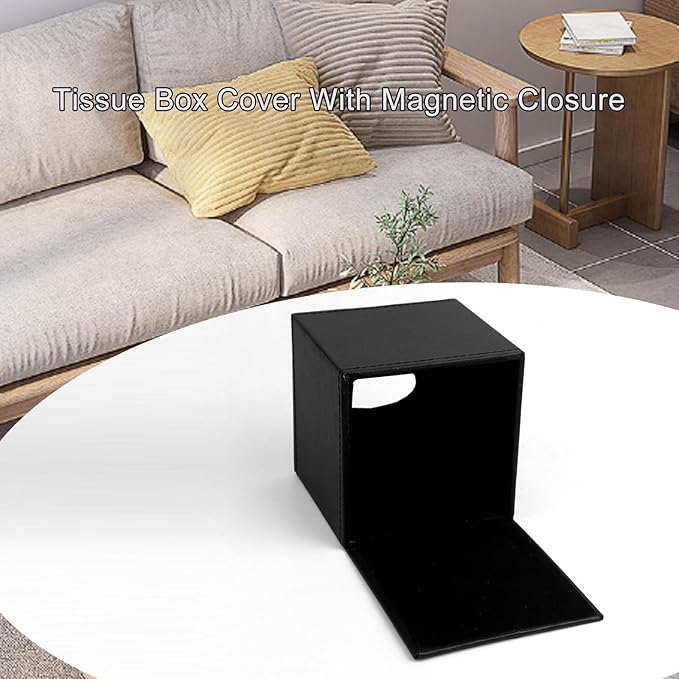 PU Leather Tissue Box Cover with Magnetic Closure,Square Tissue Box Holder with Magnetic Closure at The Bottom，Used for Bathroom Vanity Countertop Night Stands Bedroom Office Desk and Offices-Black