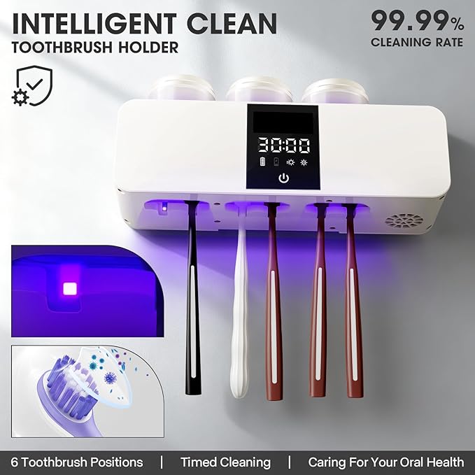 Wall-Mounted Smart Toothbrush Holder with Drying Function,Washroom Toothbrush Clean Holder No Drilling Required, with 3 Cups for Family (White)