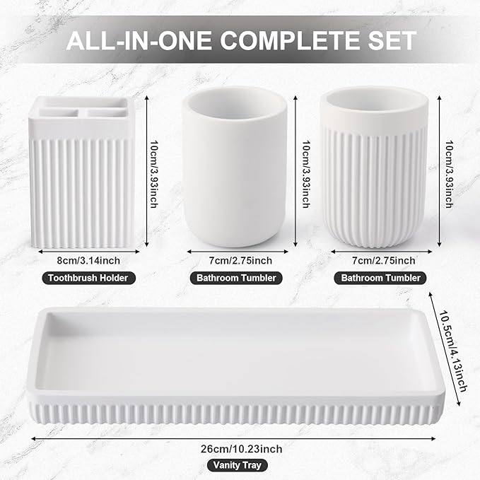 Resin Bathroom Toothbrush Holder Set, Matte White Bathroom Accessories Set 4 Pcs, Bathroom Tumbler Cup Tooth Brushing Cup Set with Tray, for Sink Countertop Modern Home Decor