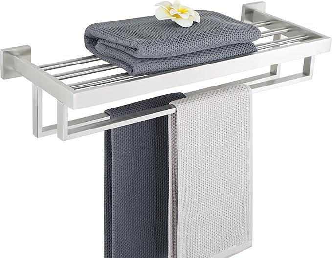 Alise Towel Rack with Double Towel Bars 24 Inch Towel Racks for Bathroom Wall Mounted,Bathroom Towel Holder Square Towel Hanger,SUS304 Stainless Steel Towel Shelf with Towel Bar,Brushed Nickel