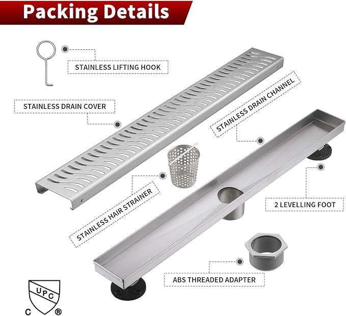 Sharp-tec Linear Shower Drain, 36 inch Shower Drain with Removable Pattern Cover, Brushed Nickel 304 Stainless Steel Rectangle Floor Drain, Adjustable Feet and Hair Strainer Included