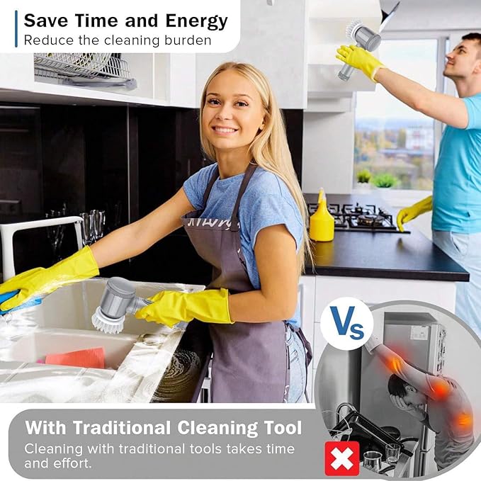 Electric Cleaning Brush, Rechargeable Multifunctional Scrubber for Kitchen and Bathroom, IPX6 Waterproof, 350rpm High Speed, 1500mAh Battery, with Multiple Brush Heads (white, 5 brush heads)