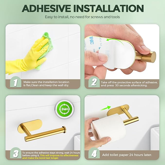 1 Pack Adhesive Toilet Roll Holder Stand - Gold SUS304 Stainless Steel, Rustproof Toilet Paper Holder No Drilling Tissue Holder for Kitchen Bathroom Wall Mount Bathroom Tissue Holder