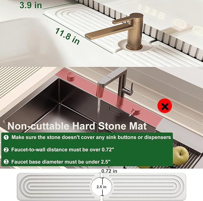 Stone Faucet Mat for Kitchen Sink, Diatomite Drying Stone Mat & Sink Protectors, Sink Water Splash Guard, Quick Dry Water Absorbing Non-Slip Stone Tray Prevent Moisture for Kitchen Bathroom Counter