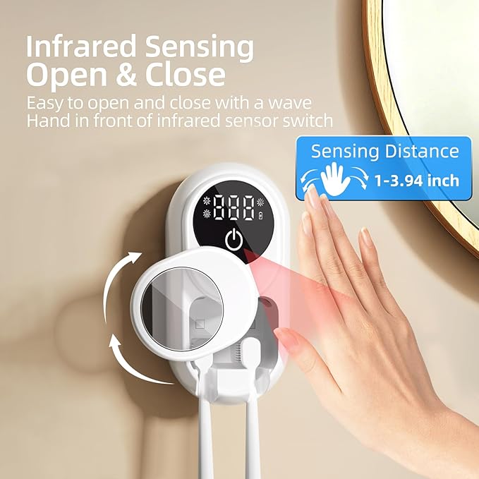 UV Toothbrush Sanitizer Holder(2 Slots, White)-Rechargeable Wall-Mount with Heated Fan Drying, LED Smart Screen, for Bathroom & Travel